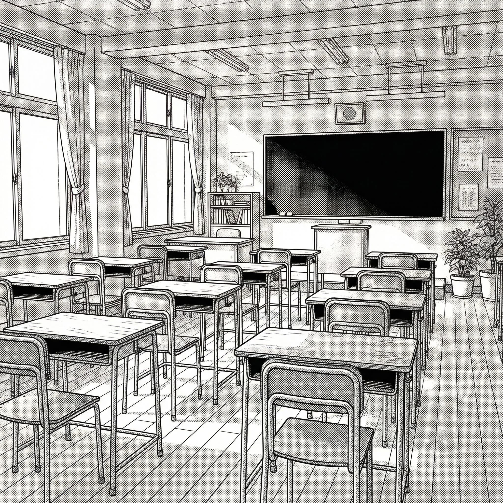 Finished manga page example with background, panels, and scene detail