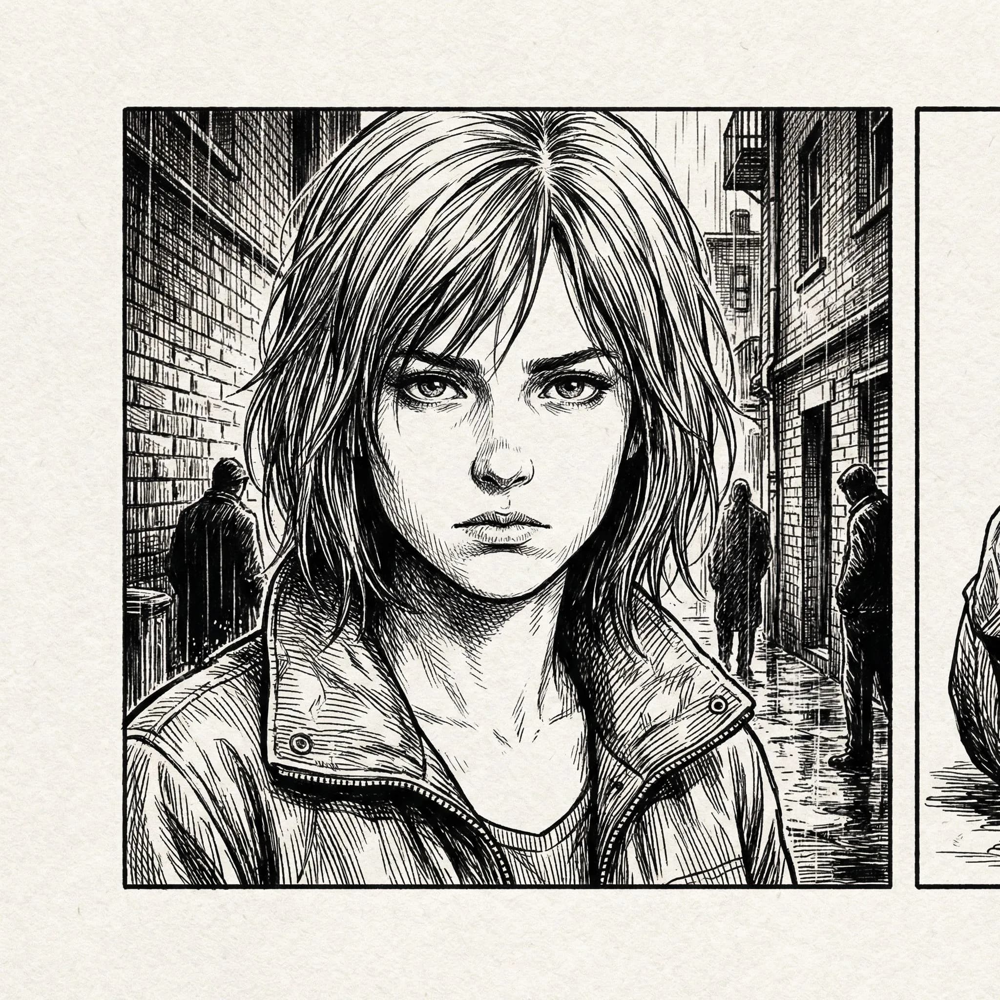 Ejemplo de generador de manga seinen con IA con personaje dramático realista