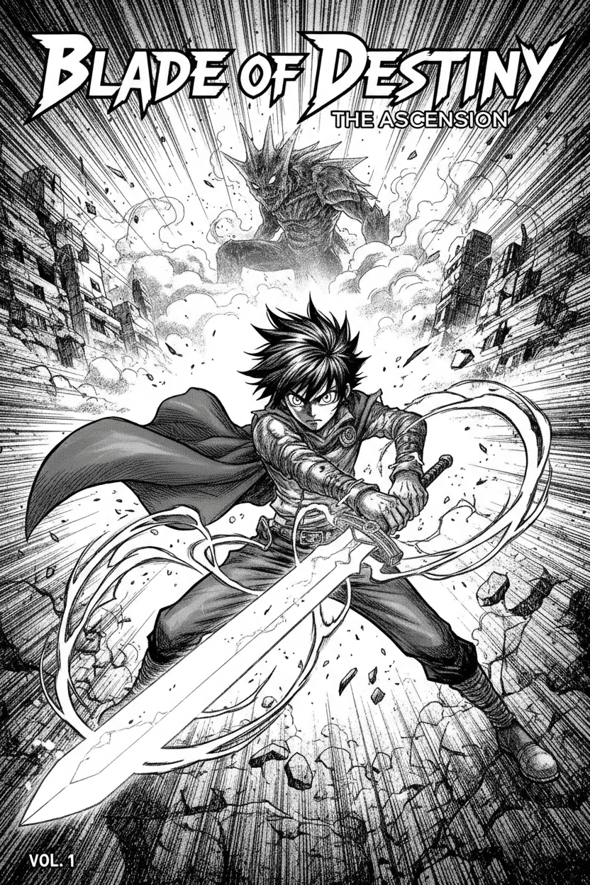 Ejemplo de generador de manga shonen con IA con héroe de acción