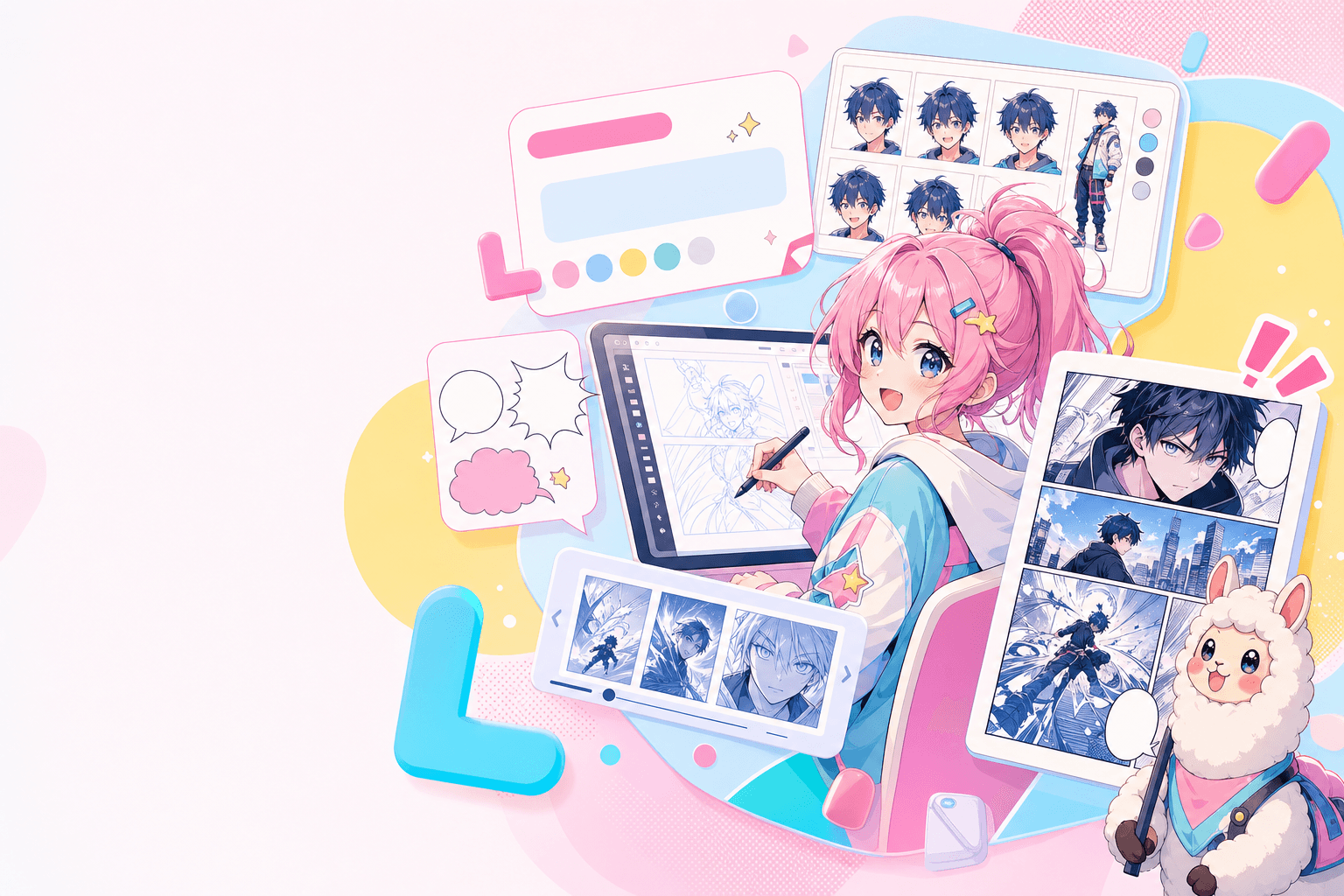Captura de pantalla del producto generador de manga con IA con interfaz de edición y vista previa del resultado