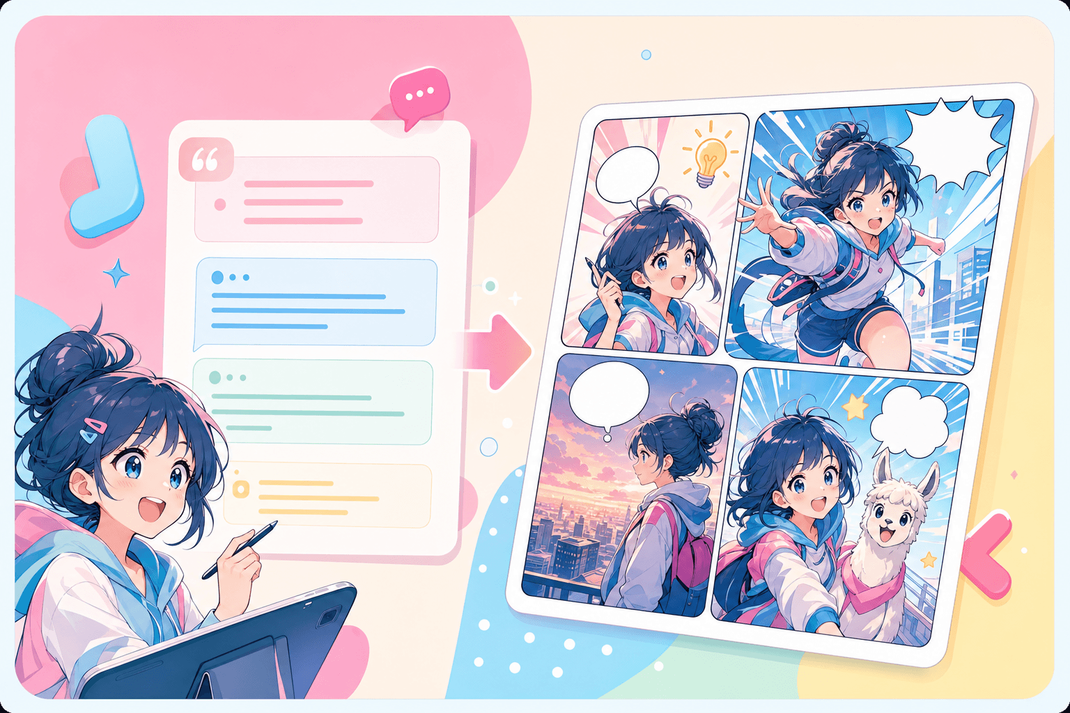 Generador de historias de manga con IA planificando una escena de manga de múltiples paneles