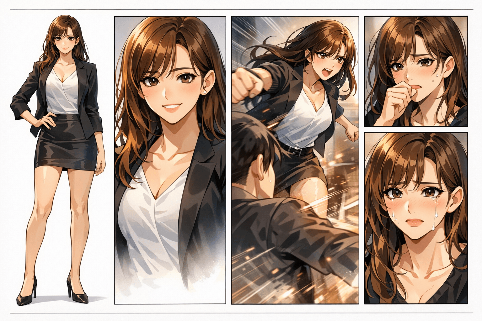 AI webtoon character consistency board with the same heroine across expressions and panels