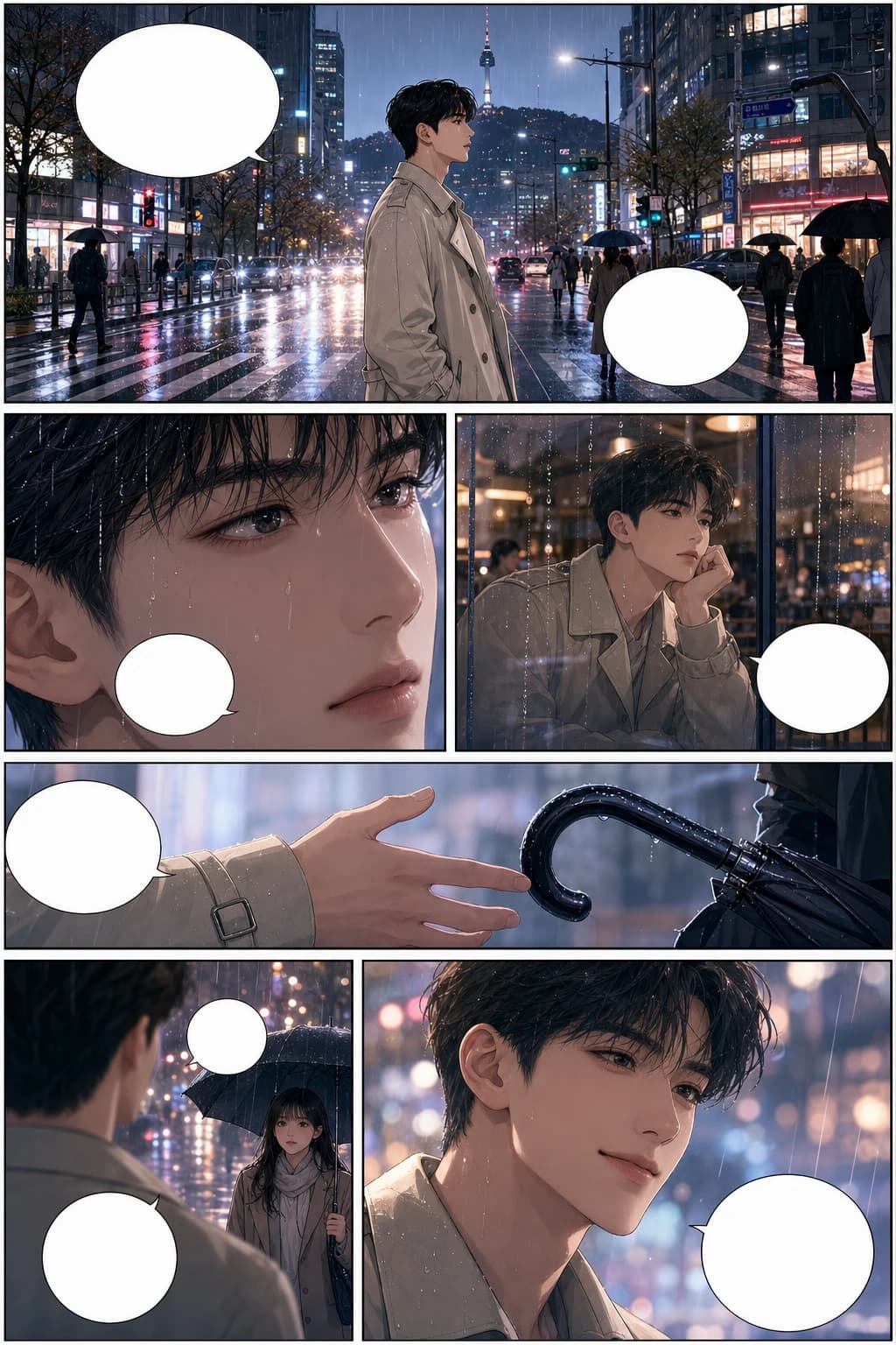 Romantic Korean manhwa webtoon scene with consistent characters and rainy city panel pacing