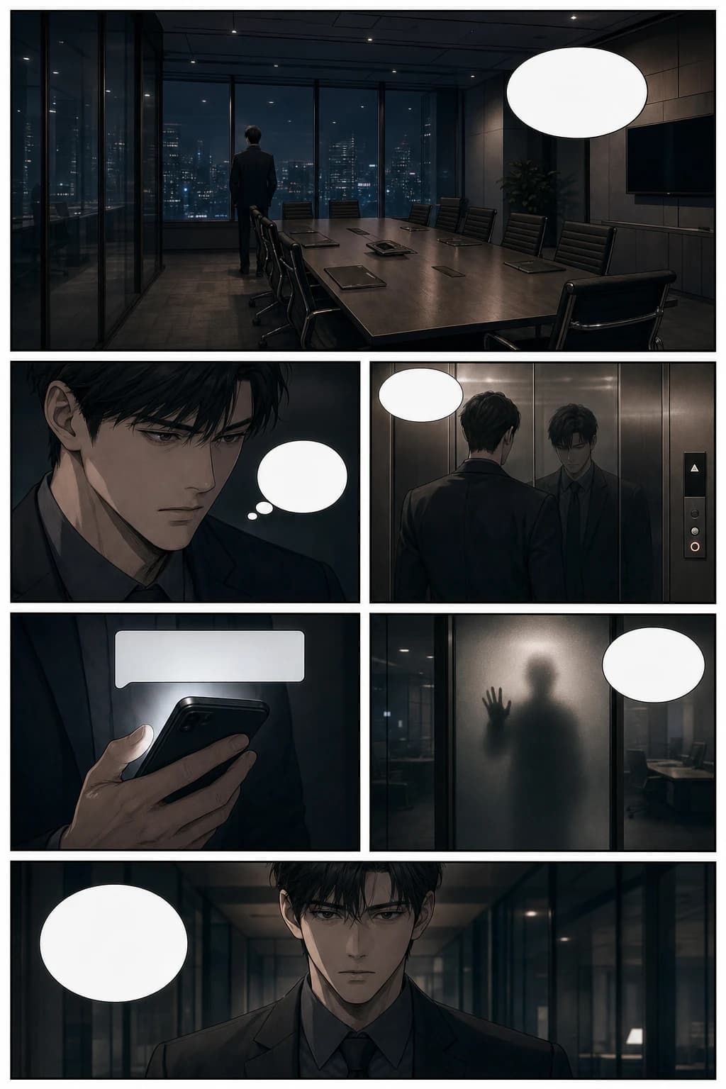 Thriller manhwa webtoon page with cinematic office suspense and vertical scroll pacing