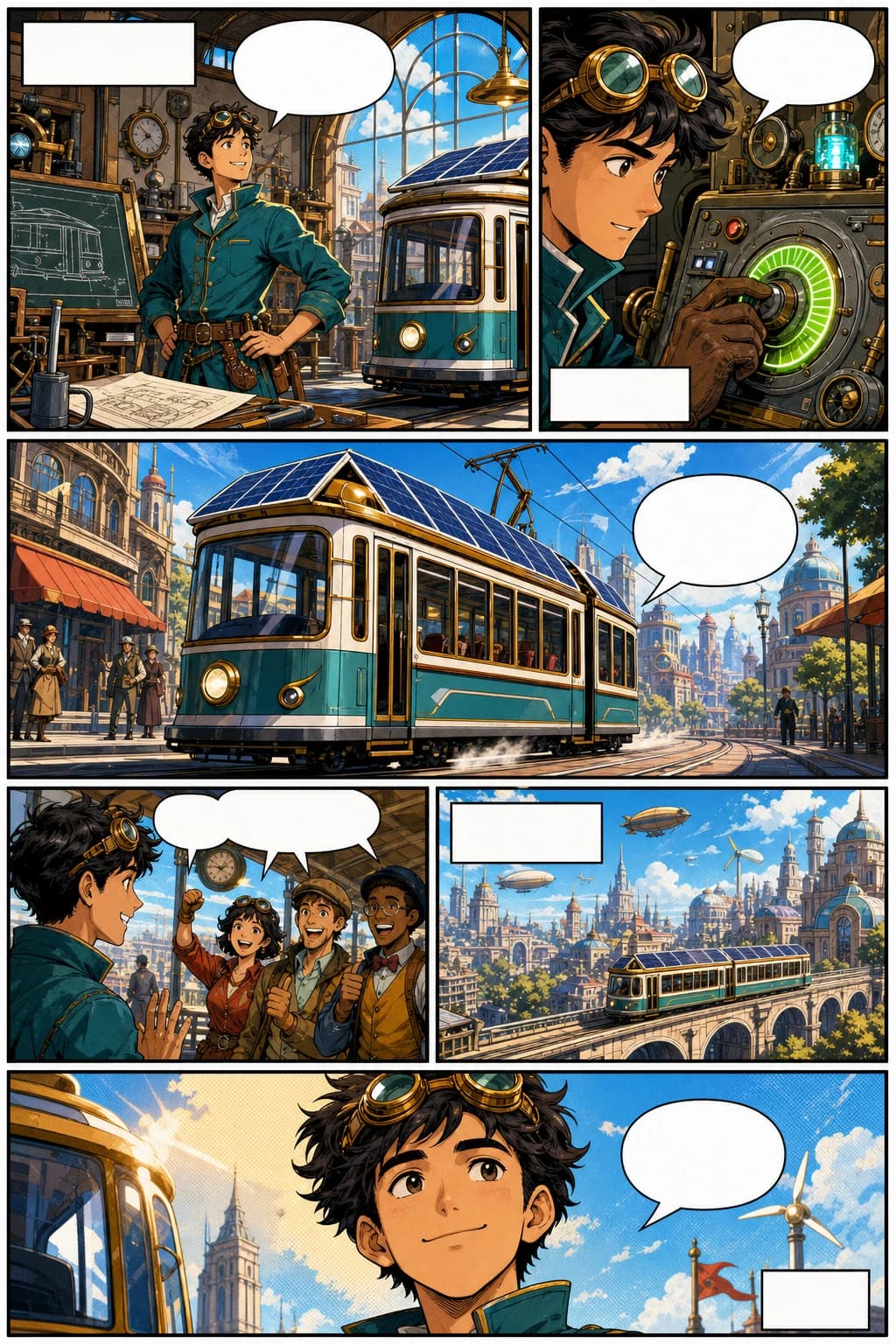 Western comic webtoon page with a retro-futurist inventor and bold vertical panels