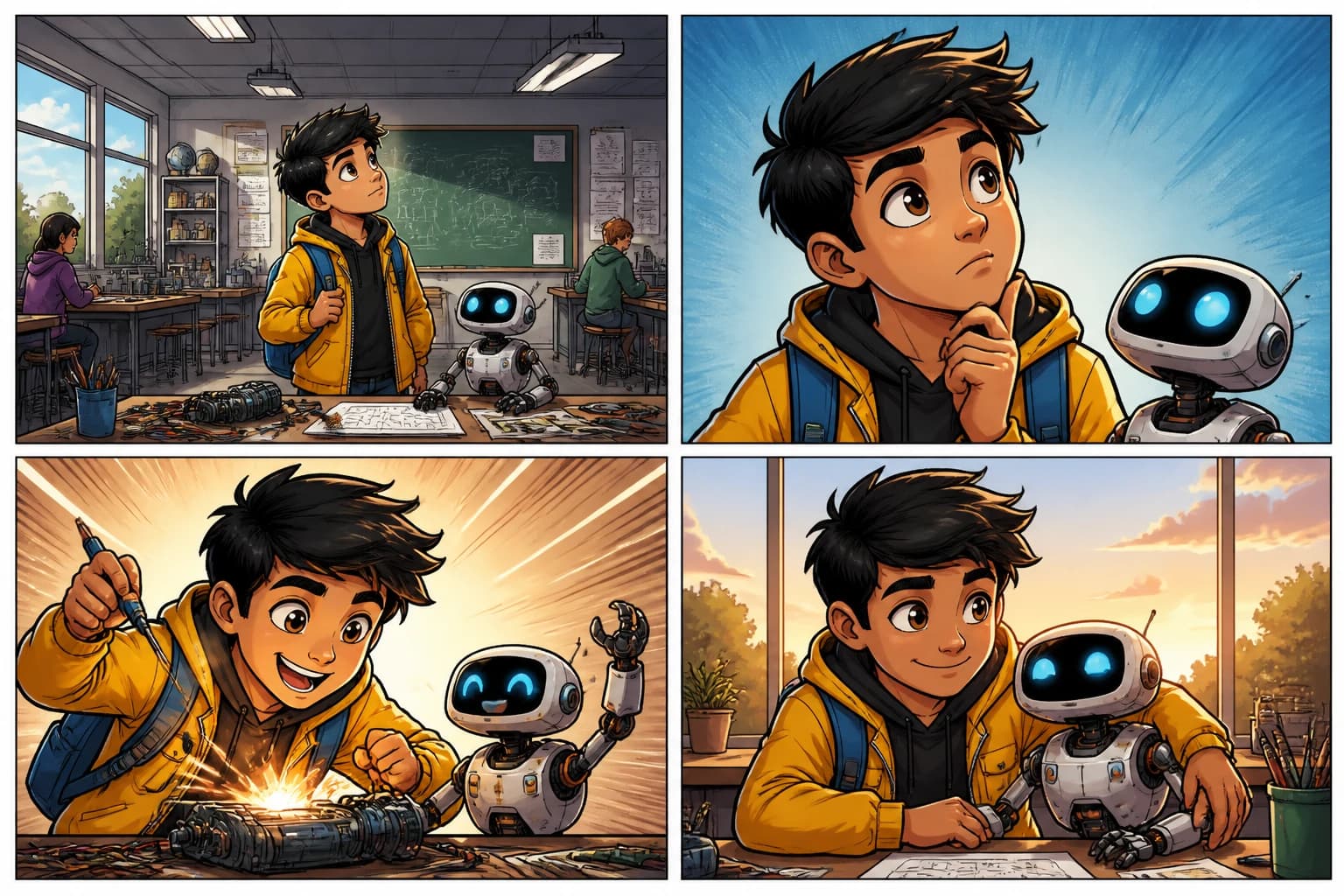 Consistent comic character shown across multiple panels with matching outfit, face, and prop