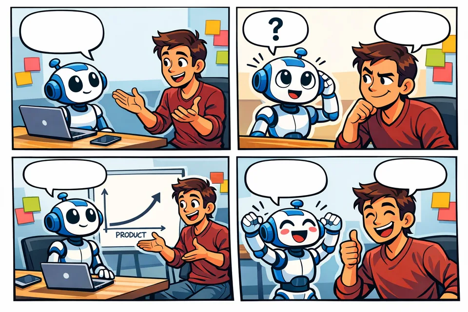 Generated 4-panel social media comic strip preview about a startup founder explaining product-market fit to a robot