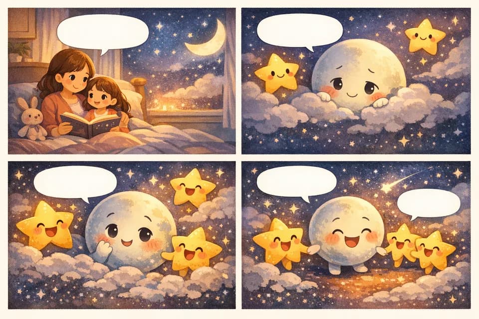 Generated 4-panel bedtime story comic strip preview about a shy moon making friends with stars