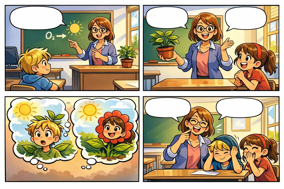 Generated 4-panel classroom comic strip preview explaining photosynthesis as a funny lesson