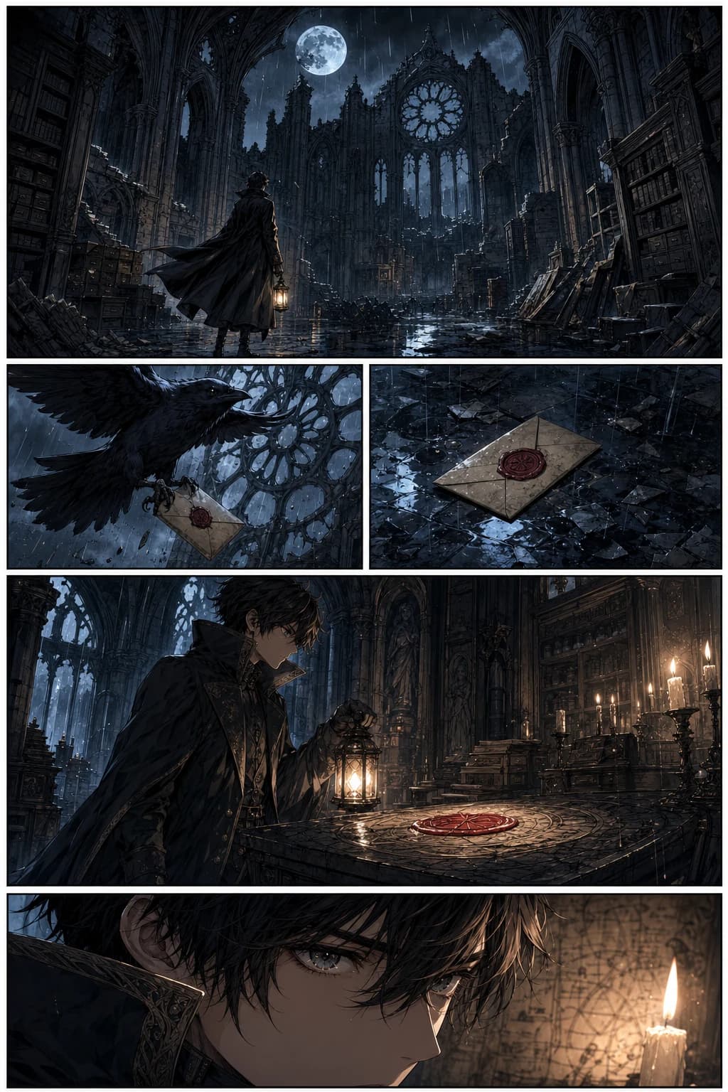 Gothic cathedral archive scene, color pass — manga page colorized with LlamaGen