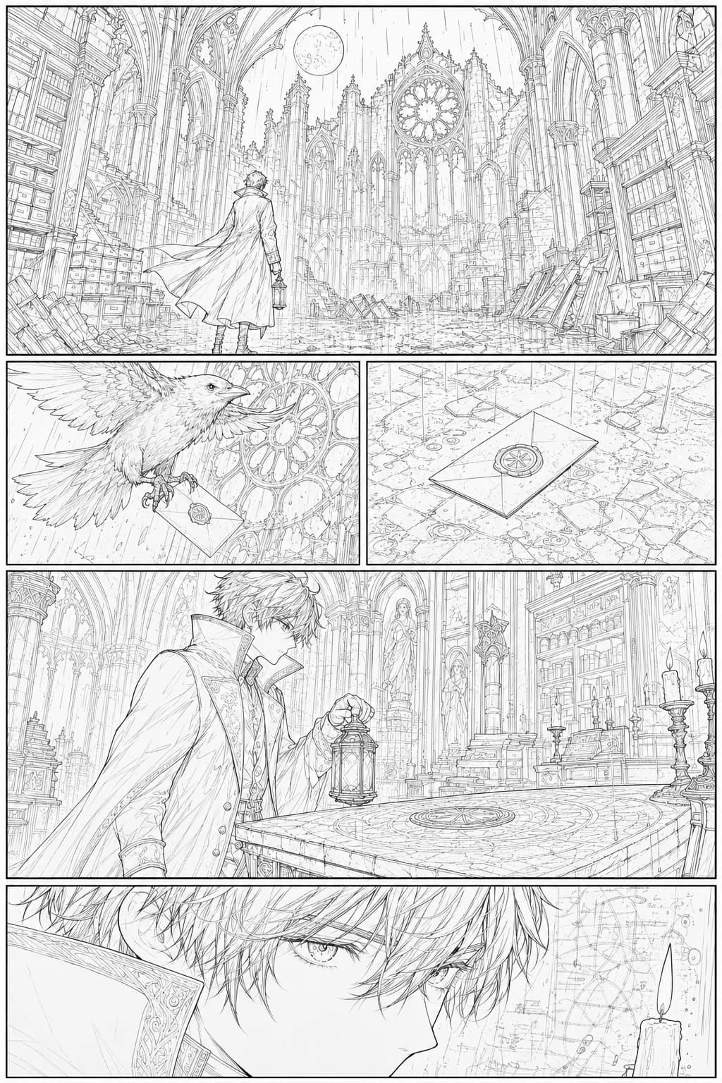 Gothic cathedral archive scene, lineart pass — manga page colorized with LlamaGen