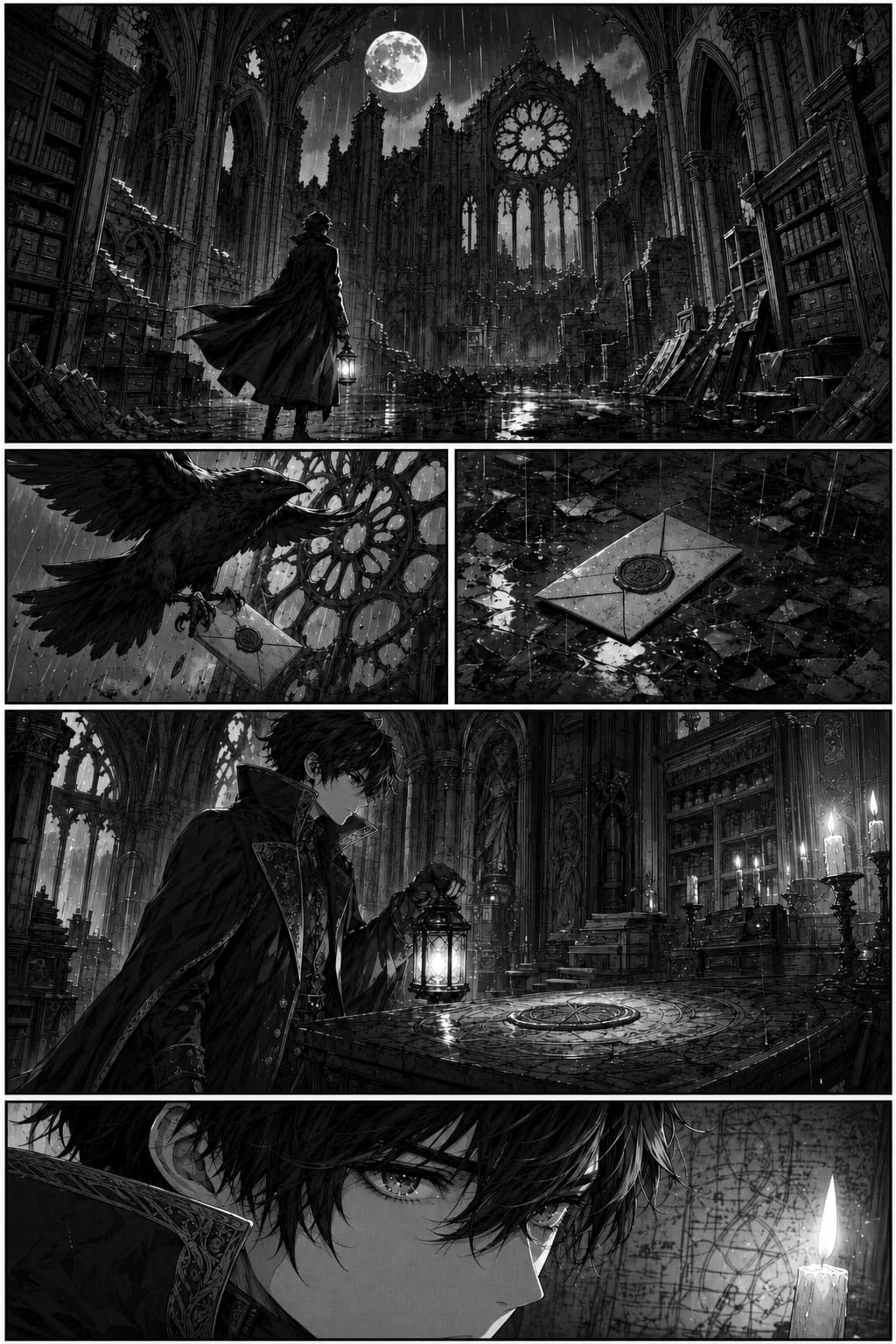 Gothic cathedral archive scene, tone pass — manga page colorized with LlamaGen