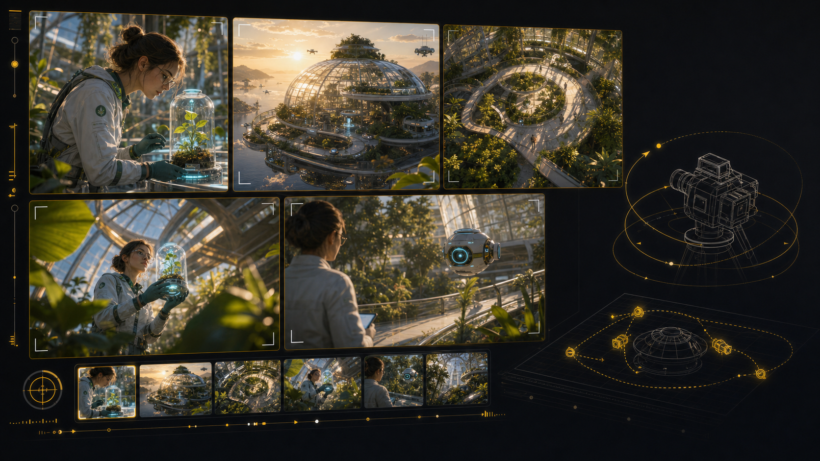 Generated 3D camera-angle storyboard tool with multiple framings of the same scene