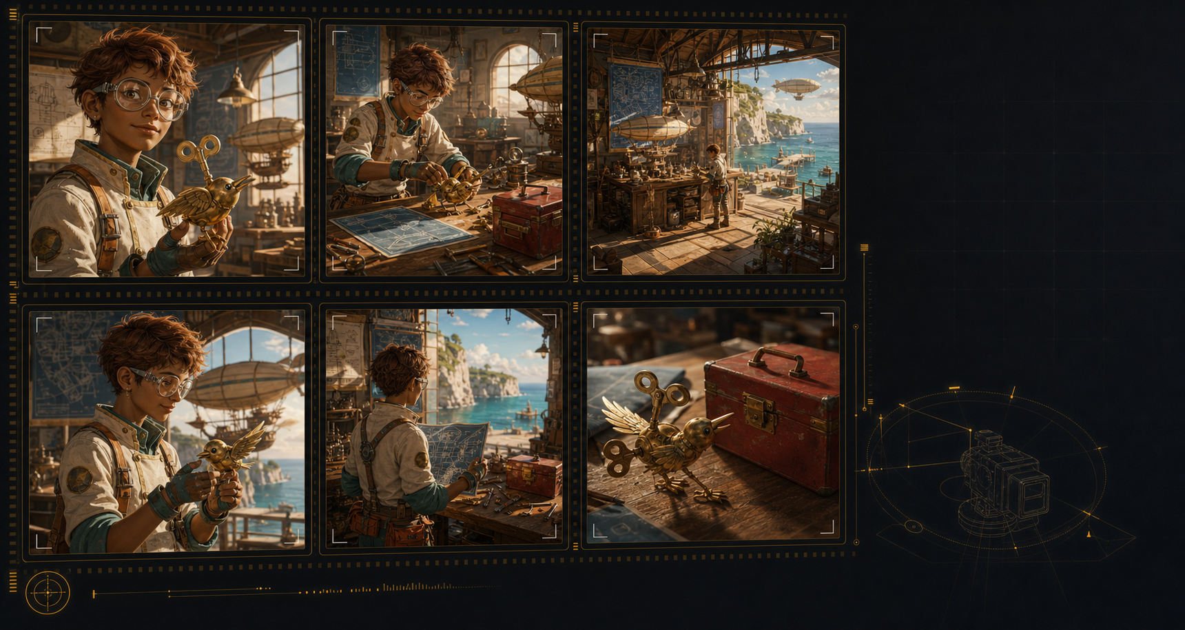Generated storyboard panels showing consistent character, location, and prop continuity