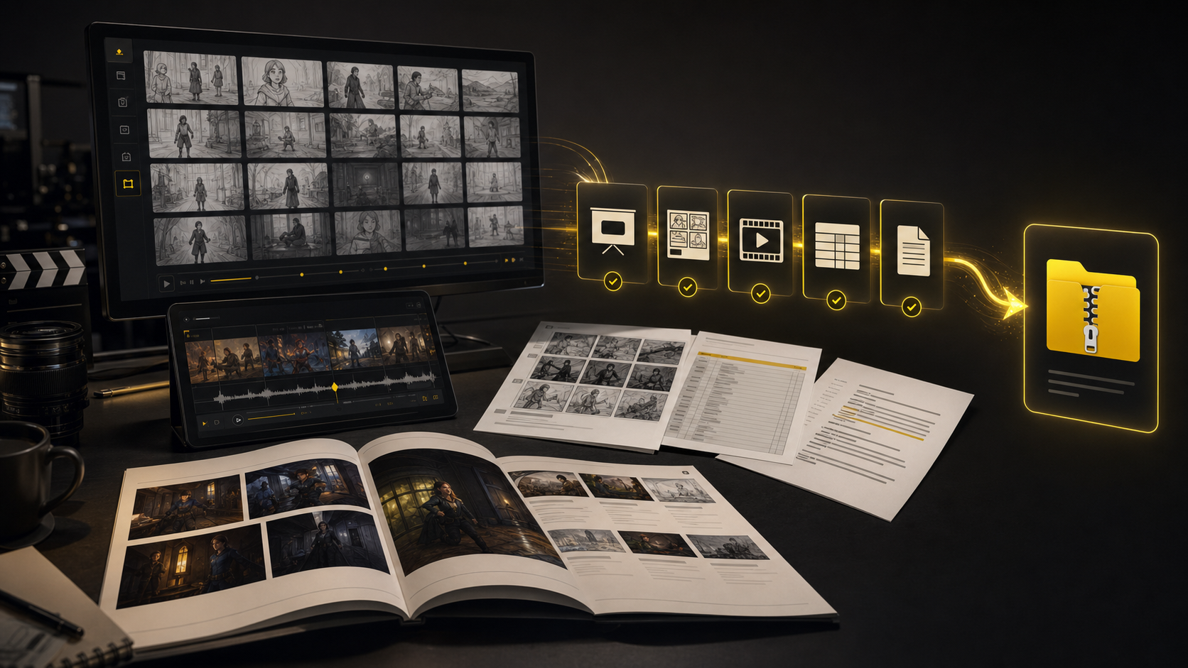 Generated storyboard export suite with pitch deck, PDFs, shot list, animatic, and zipped handoff package