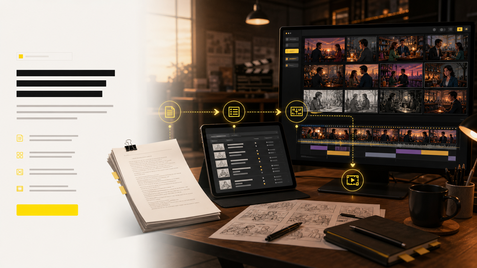 Free AI storyboard generator showing script, CSV input, shot list planning, storyboard frames, and animatic timeline