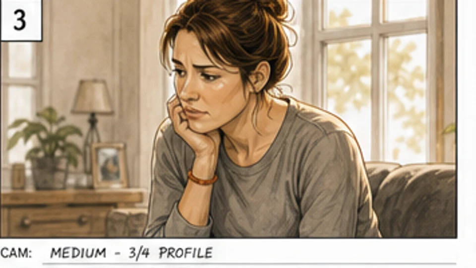 Commercial storyboard shot of a concerned pet owner on a sofa