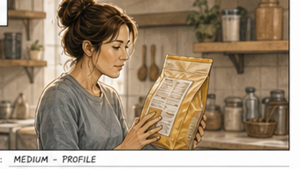 Commercial storyboard shot of an owner checking the dog food package ingredients