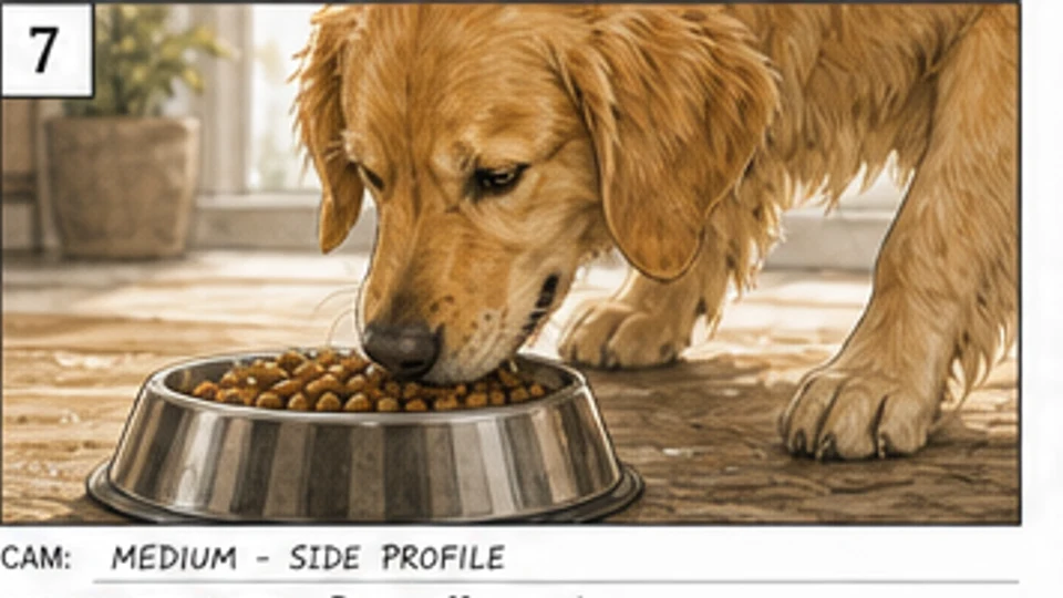 Commercial storyboard side profile of a golden retriever sniffing the new meal