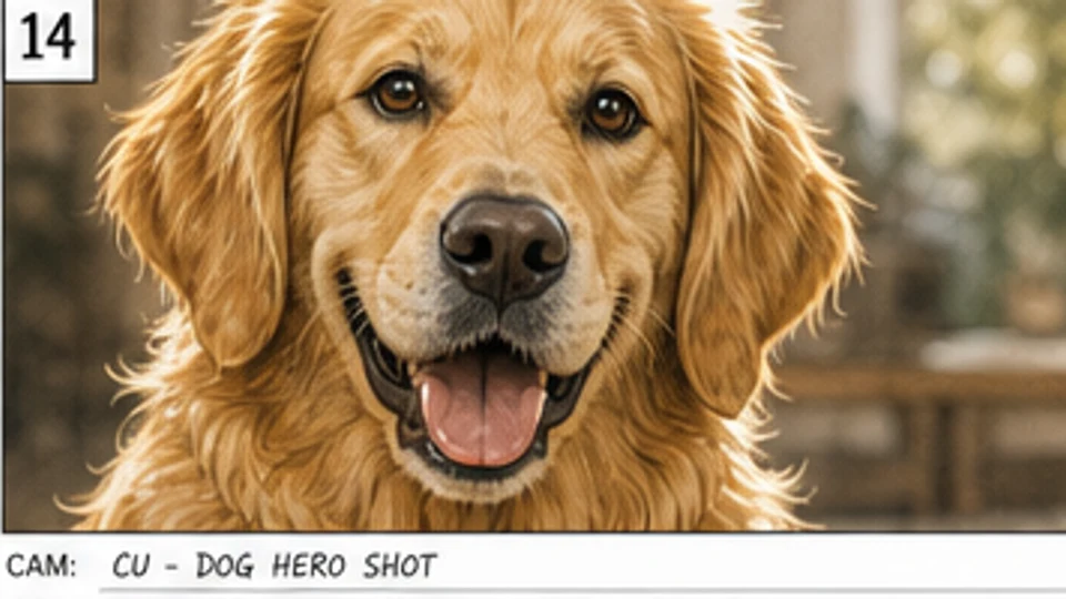 Commercial storyboard close-up hero shot of a healthy golden retriever