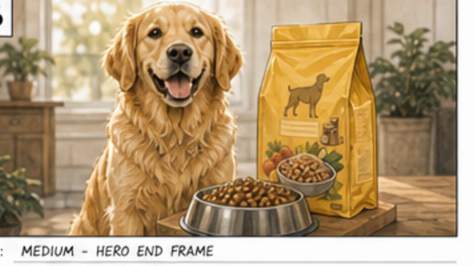 Commercial storyboard hero shot of a happy golden retriever beside a premium dog food bag