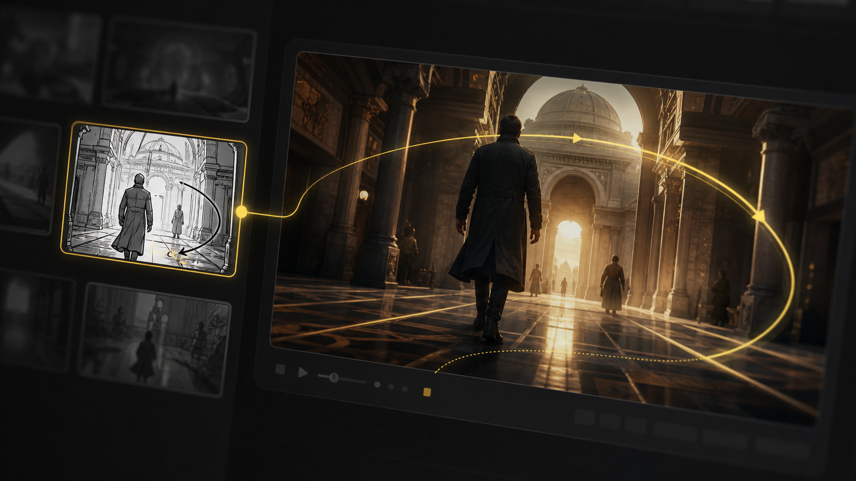 Generated AI storyboard video preview with camera motion path